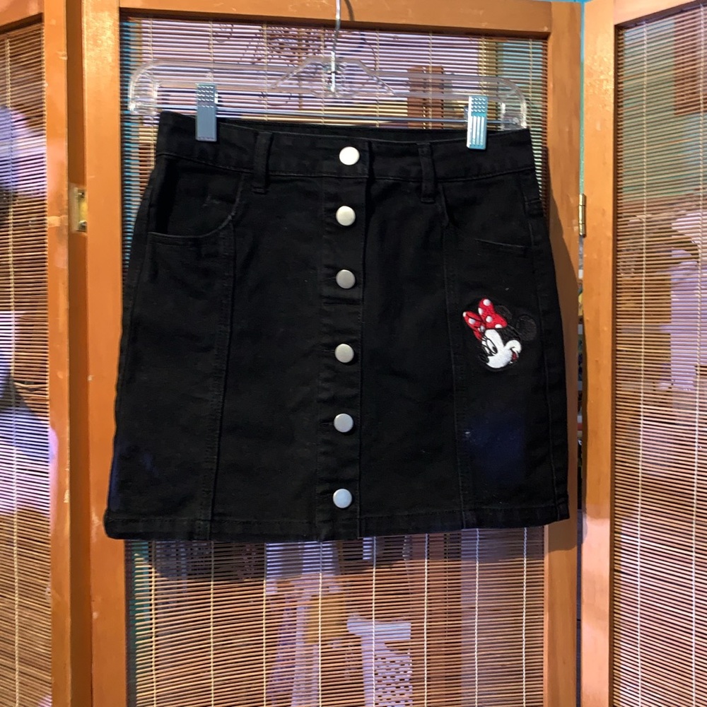 Black Disney denim mini skirt with cute Minnie Mouse embroidery